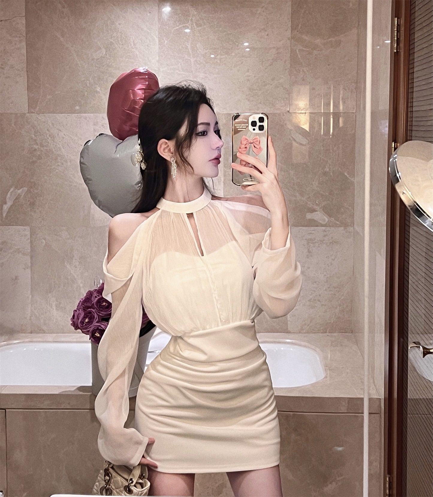 Vogue Ruched Waist Off-Shoulder Mini Skirt Vintage Night Out Occasions Sheer Mesh Long Sleeves Halter Short Dress AP1959