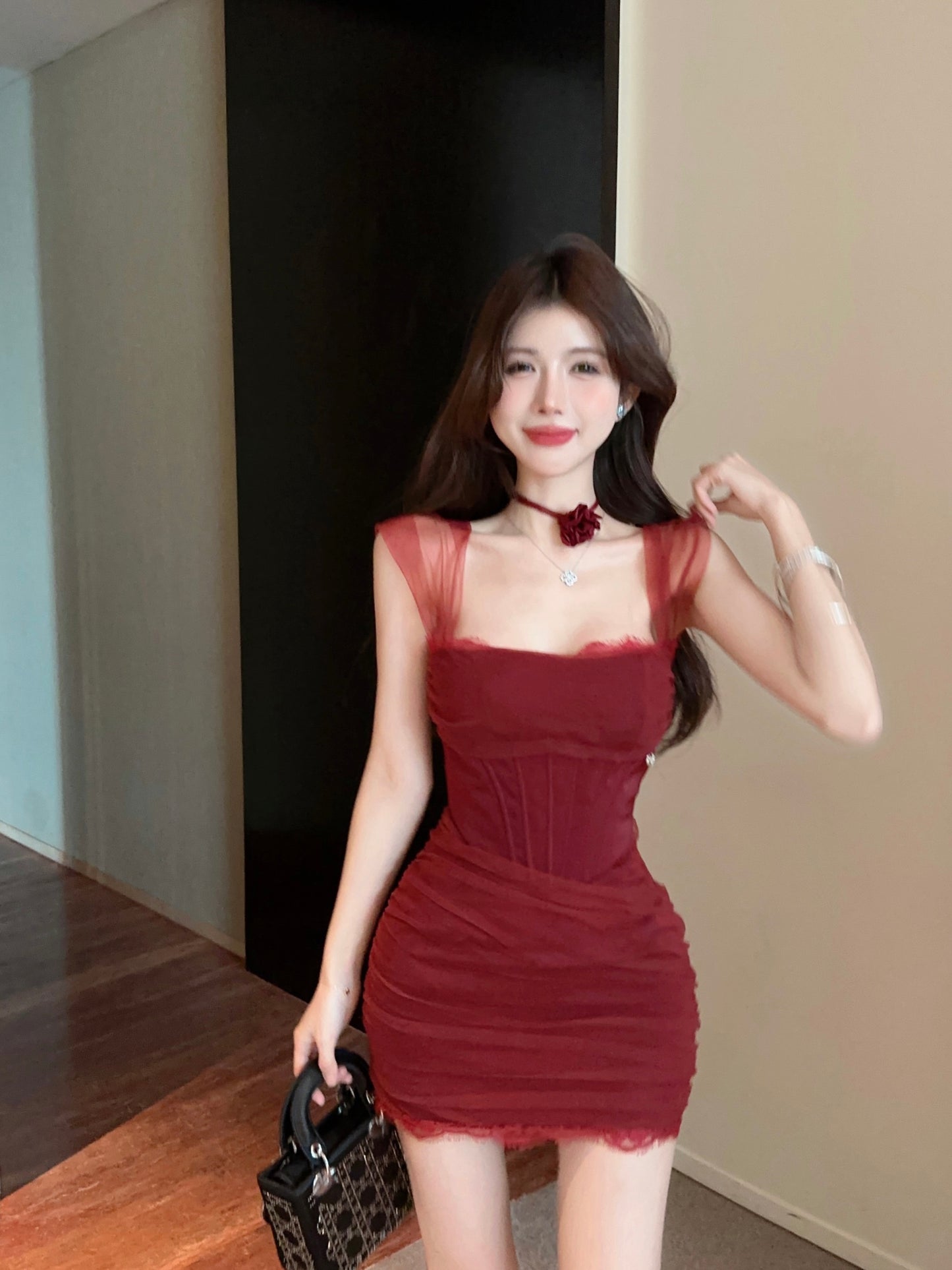 Romantic Square Neck Burgundy Sheer Mesh Mini Dress Charming Sheer Cap Sleeves Lace Trim Ruched Waist Short Dress AP1962