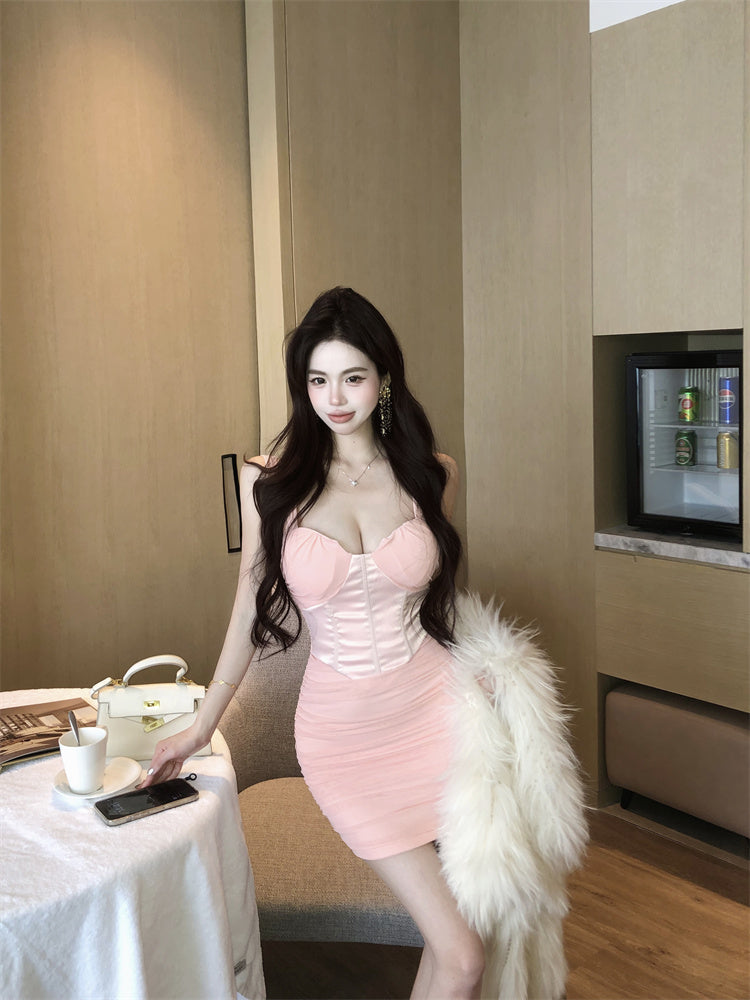 Alluring Figure-Hugging Pink Square Neck Mini Dress Hot Girls Cupped Bust Party Nights Sheer Cap Sleeves Short Dress AP1963