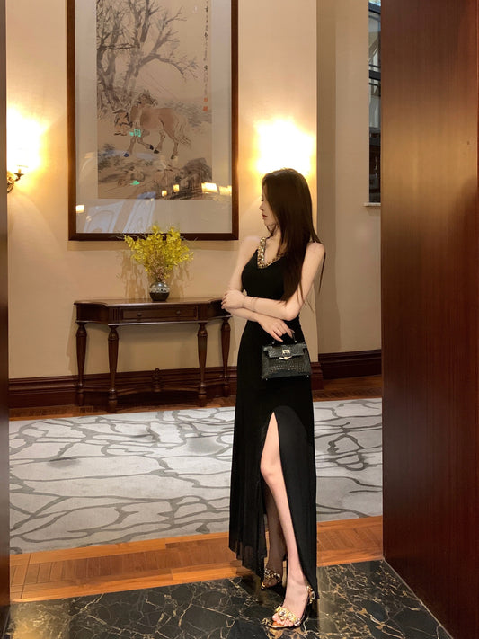 Unique Deep V-Neck Gold Sequin Straps Maxi Dress Charming High Side Slit Night Parties Black Sheath Long Dress AP1964