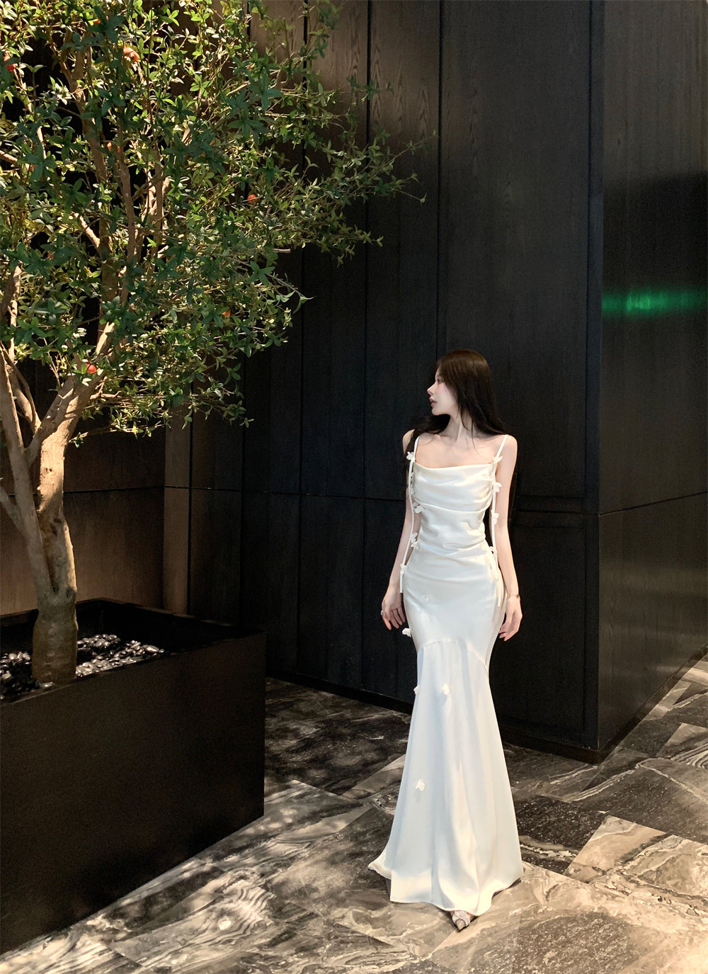 Ethereal Cream 3D Flower Accent Maxi Dress Elegant Sheath Mermiad Cowl Neck Spaghetti Straps Long Dress AP1972