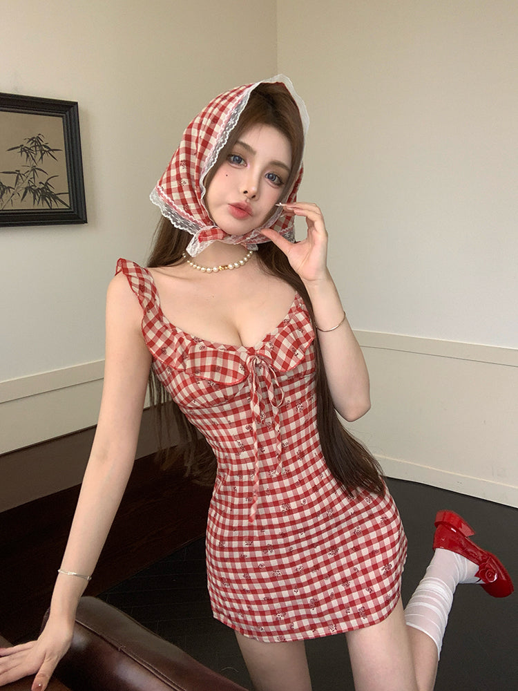 Glamorous Red Plaid Print Mini Dress With Scarf Gen Z Hot Girls Ruffles Trimmed Neckline Short Dress AP1973
