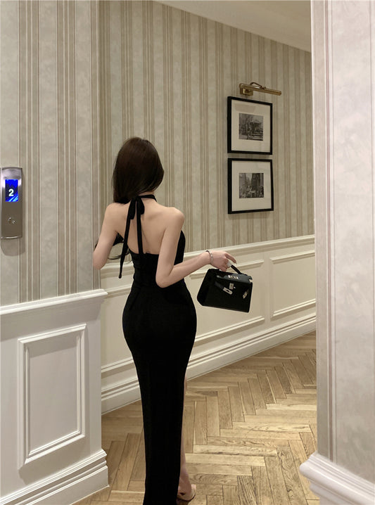 Graceful Glittering Butterflies Design Black Maxi Skirt Casual Cinched-Waist Cutout High-Slit Halter Long Dress AP1975