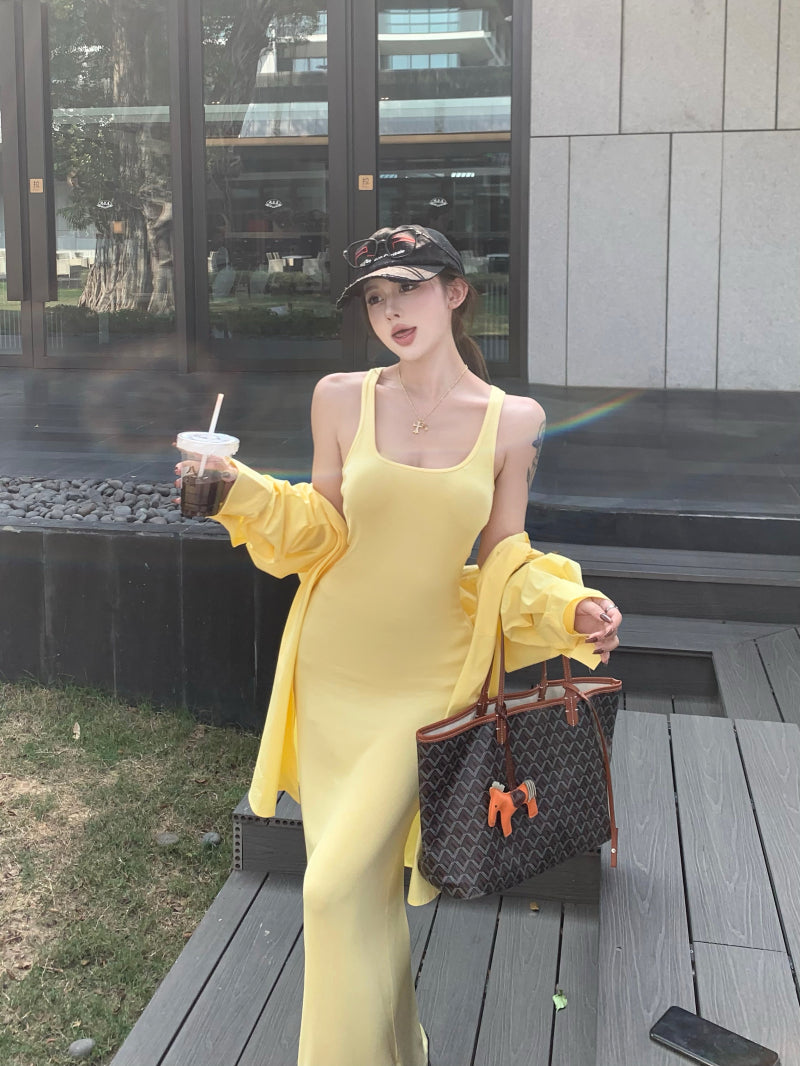 Vibrant Yellow Summer Vacation OOTD Maxi Dress Casual Everyday Wear Sheath Ribbed Knit Long Dress AP1981