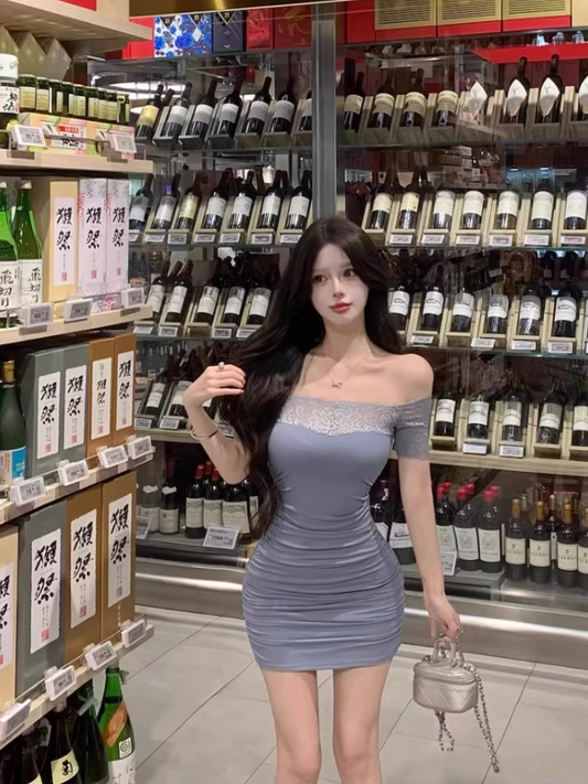 Alluring Blue Sheath Lace Splicing Mini Skirt Chic Ruched Short Sleeve Off-Shoulder Summer Outfit Short Dress AP1982