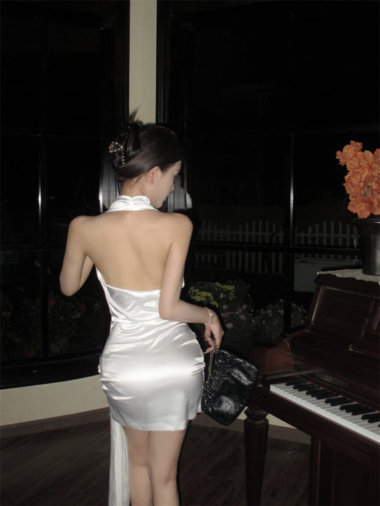 Charming Cowl Neck White Satin Mini Skirt Vogue Ruched Body Side Sash Halter Short Dress AP1983