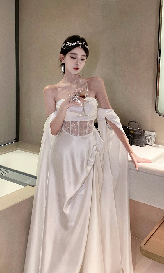 Graceful White Satin Strapless Lace Waist Panel Maxi Skirt Glamorous Evening Parties Flowing Drape Sleeves Long Dress AP1984