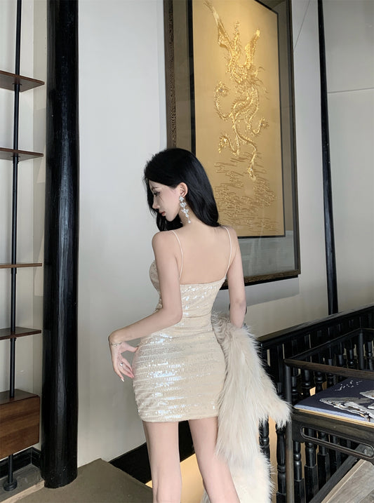 Glittery Beige Sequin Thin Decorative Straps Mini Dress Charming Night Parties Bow Details Sheath Short Dress AP1987