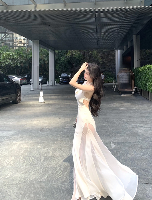 Elegant High Sheer Slit Tulle Splicing Maxi Dress Novelty Open Back Flowing Silhouette Night Parties Halter Long Dress AP1988