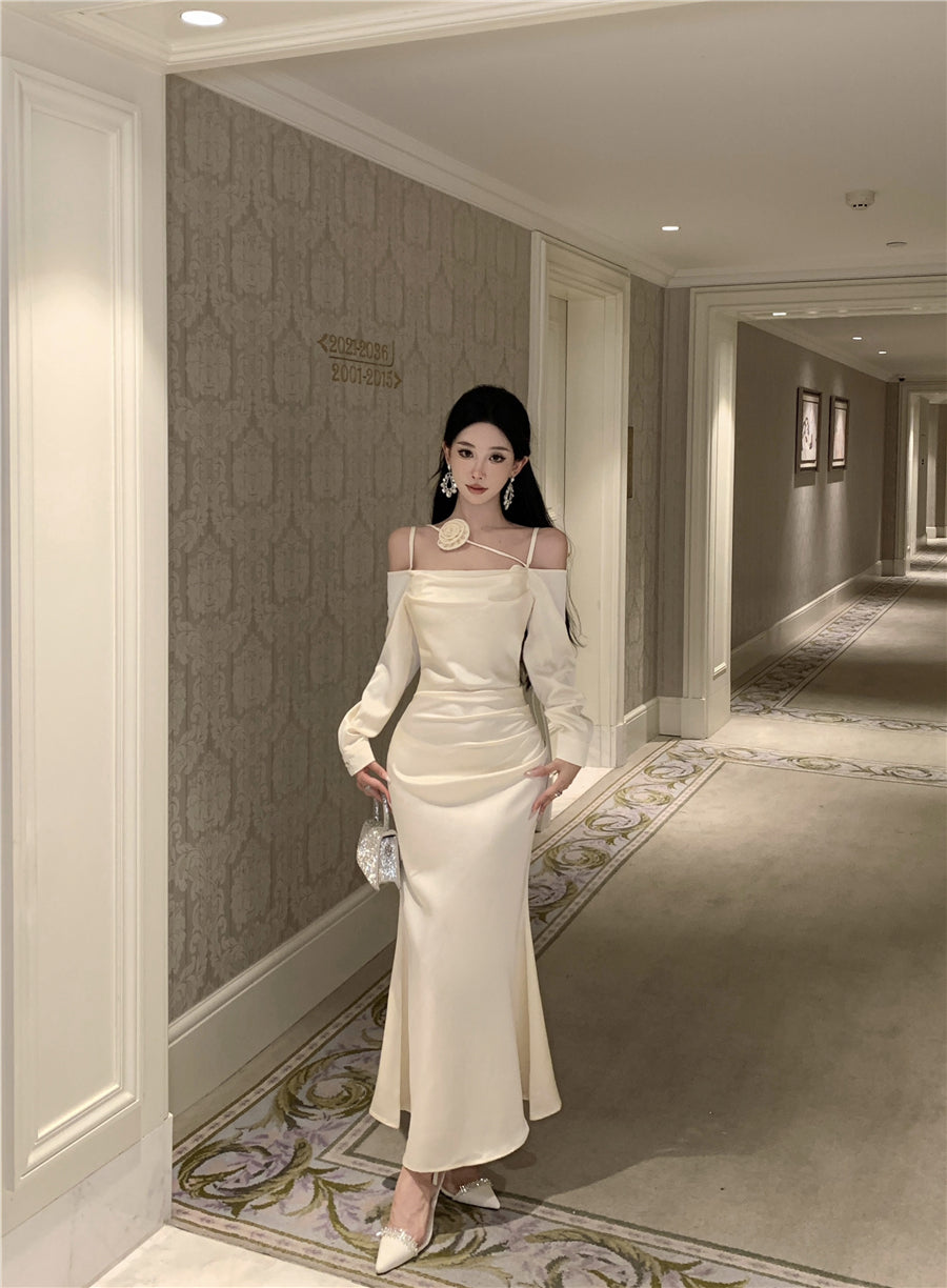 Fashionable Satin Fabric Off-Shoulder Maxi Skirt Vogue White Long Sleeve Ruched Waist Mermaid Long Dress AP1989
