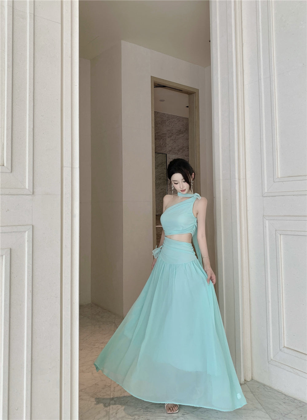 Elegant Mint Green One-Shoulder Cutout Waist Maxi Dress Stylish Flowy Chiffon Ruched Double Layers Long Dress AP1996