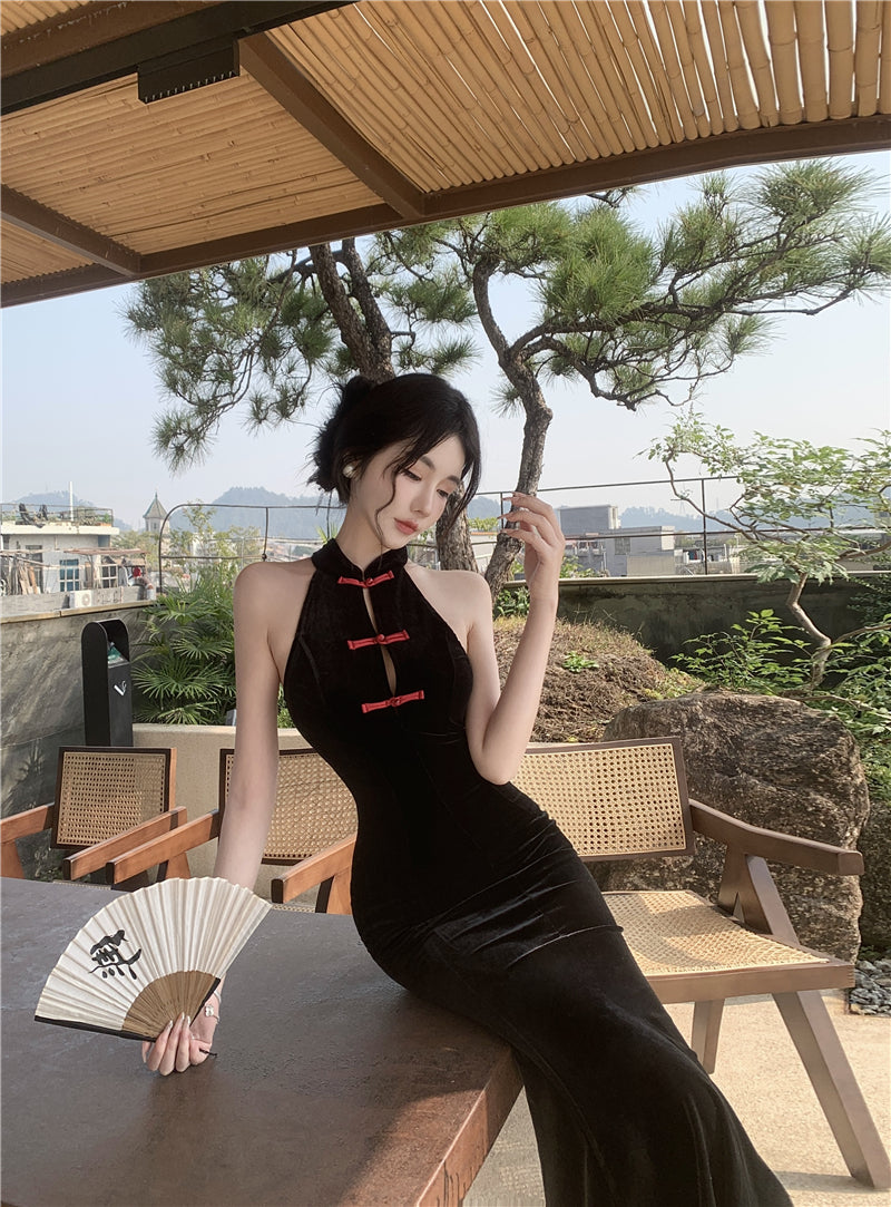 Vintage Style Black Velvet Red Frog Buttons Midi Dress Luxury Parties Sheath Mermaid Hem Long Dress AP1998