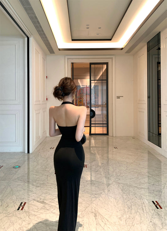 Elegant Black Bodycon High Slit Backless Midi Skirt Retro Evening Dates 3D Red Rose Appliques Halter Long Dress AP2001