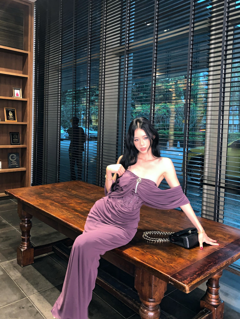 Alluring Lace Bodice Mermaid Hem Rhinestone Accent Maxi Skirt Novelty Purple Draped Front Off-Shoulder Night Parties Long Dress AP2002