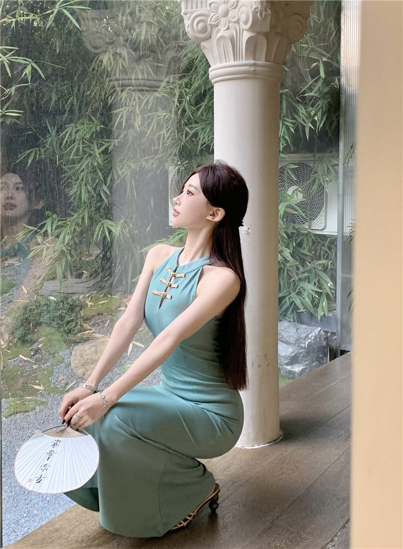 Vintage Sheath Frog Buttons Teal Maxi Dress Elegant Sleeveless Cutout Mermaid Hem Long Dress AP2005