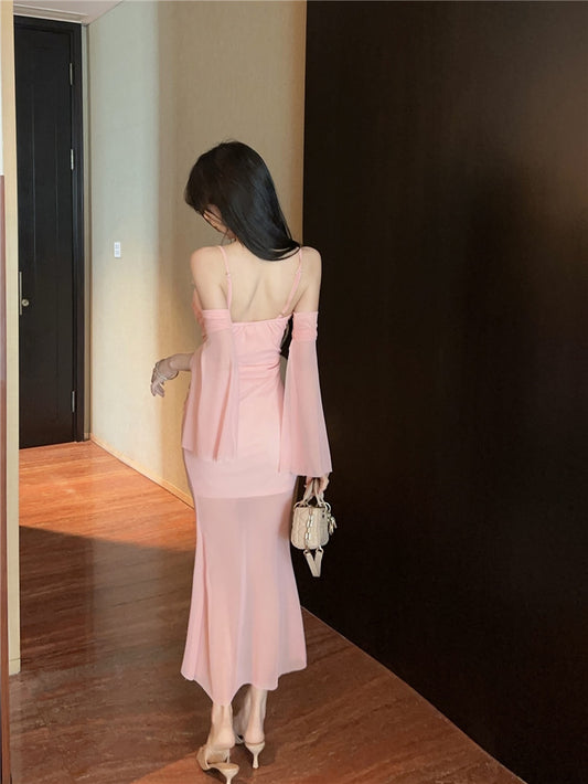 Romantic Pink Spaghetti Strap Bodycon Maxi Dress Graceful Detachable Sheer Tulle Sleeve 3D Floral Trimmed Long Dress AP2006