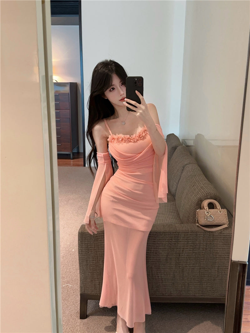 Romantic Pink Spaghetti Strap Bodycon Maxi Dress Graceful Detachable Sheer Tulle Sleeve 3D Floral Trimmed Long Dress AP2006