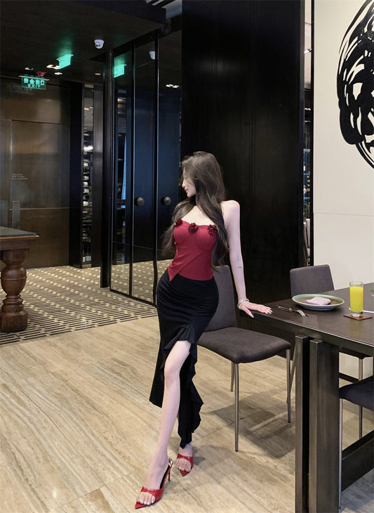 New Tendency Red & Black 2-Piece Set Ruffles Trimmed Maxi Dress Hot Girls Strapless 3D Floral Accent Hi-Lo Hem Long Dress AP2007