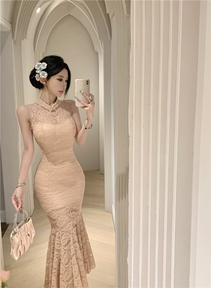 Graceful Beige Lace Sheer Sleeveless Maxi Dress Alluring Mermaid Hem Cutout Evening Parties Long Dress AP2011
