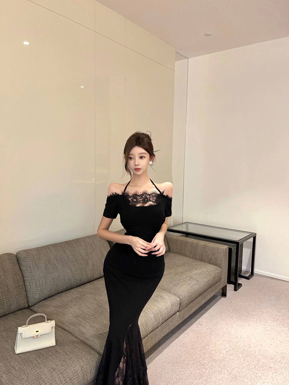 Glamorous Black Off-Shoulder Lace Panel Maxi Dress Formal Events Mermaid Hem Long Dress AP2013