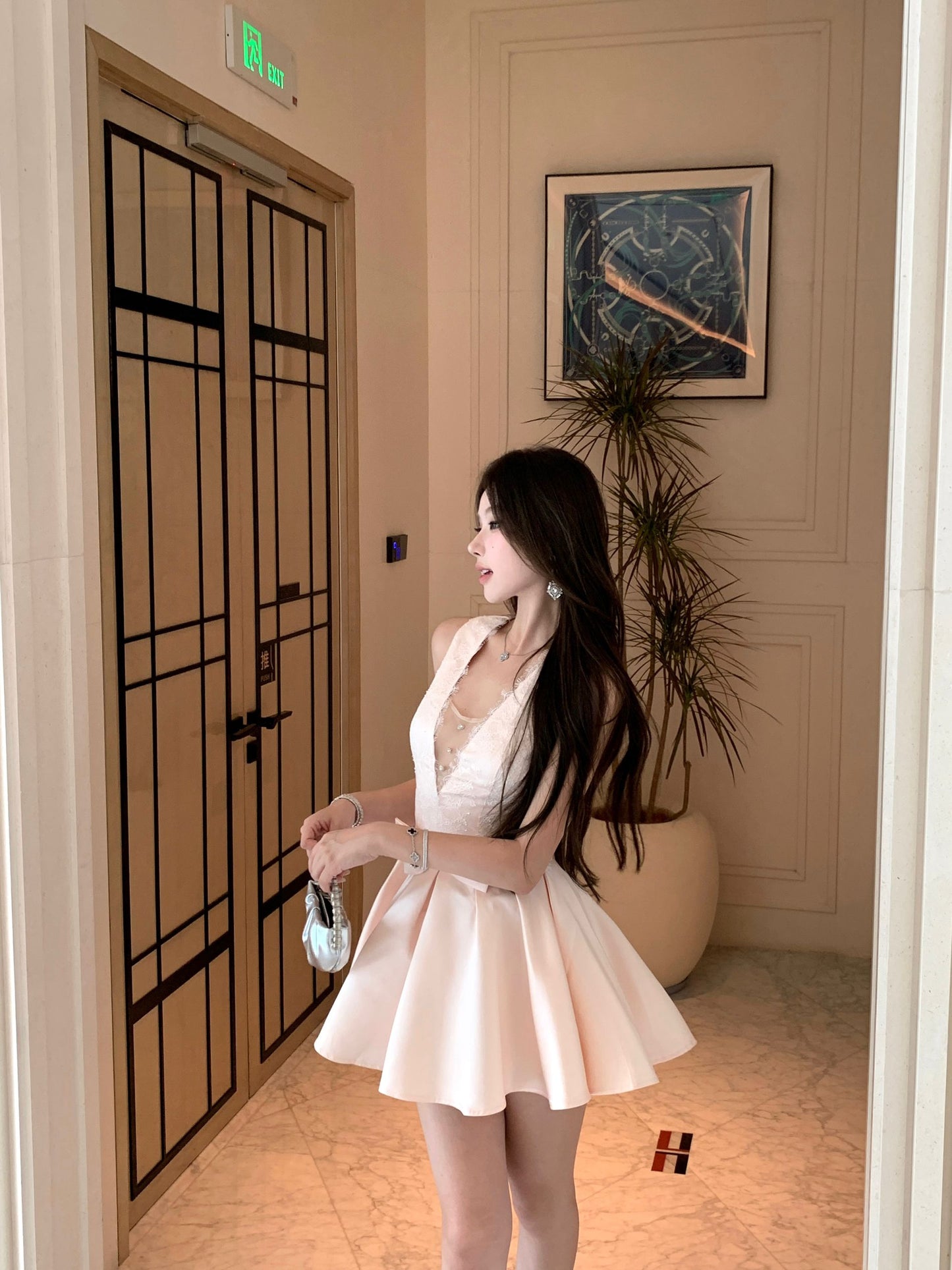 Cute White Lace Champagne Satin Mini Skirt Vogue Bow Accent Flared Hem Evening Dates Short Dress AP2014