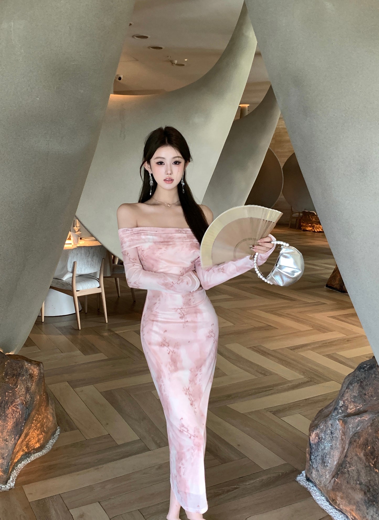 Romantic Pink Floral Print Asymmetric Neckline Maxi Dress Vogue Long Sleeve Bodycon Fit Long Dress AP2017