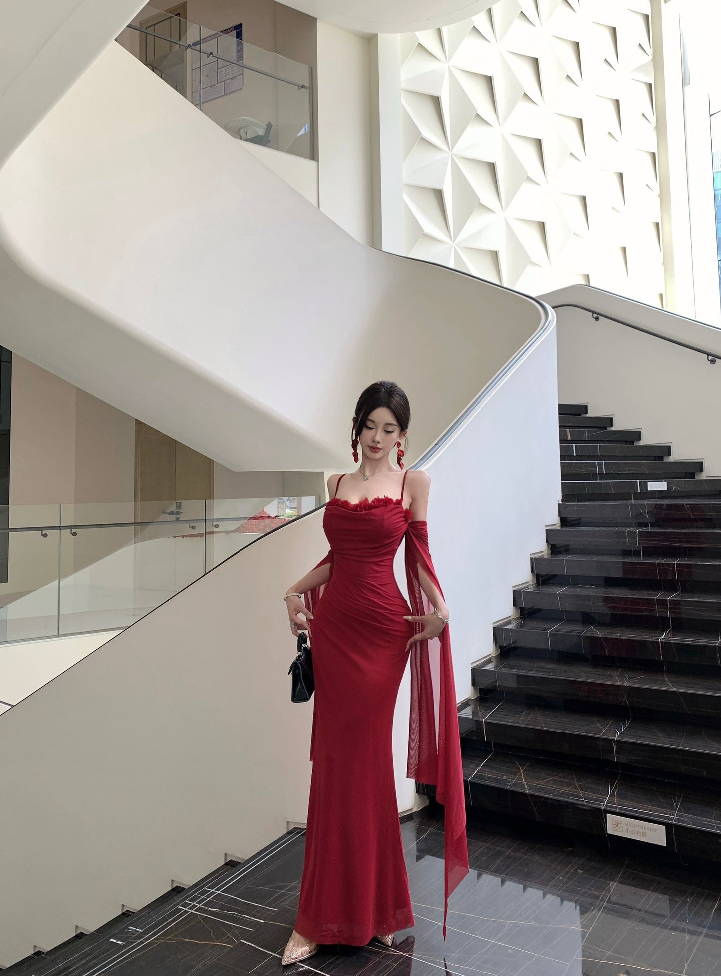 Graceful Red Off-Shoulder Sheer Mesh Flowing Sleeves Maxi Dress Alluring Floral Trimmed Evening Events Long Dress AP2021