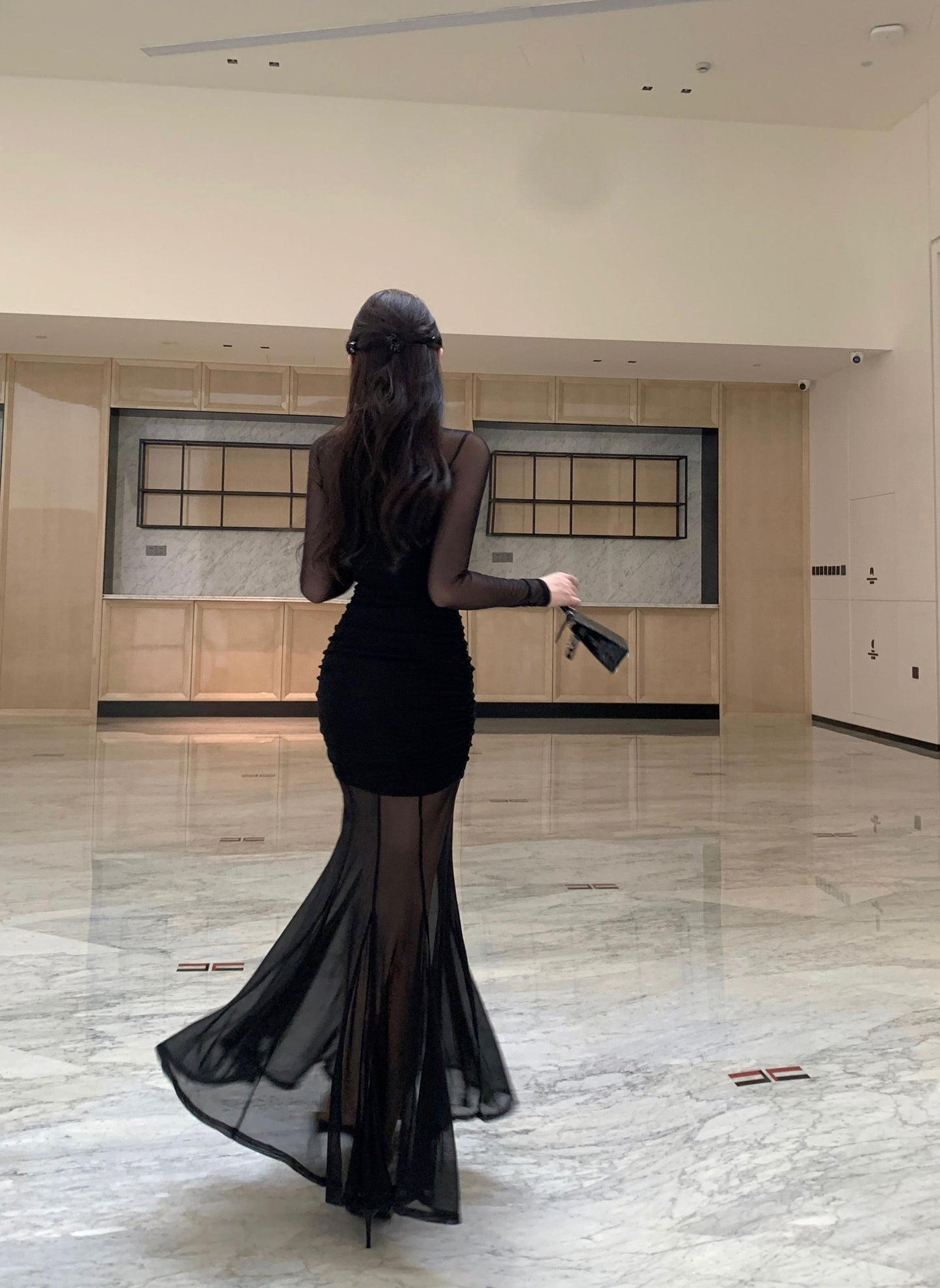 French-Inspired Black Sheer Mesh Long Sleeve Maxi Dress Gorgeous Ruched Detail Mermaid Hem Long Dress AP2027