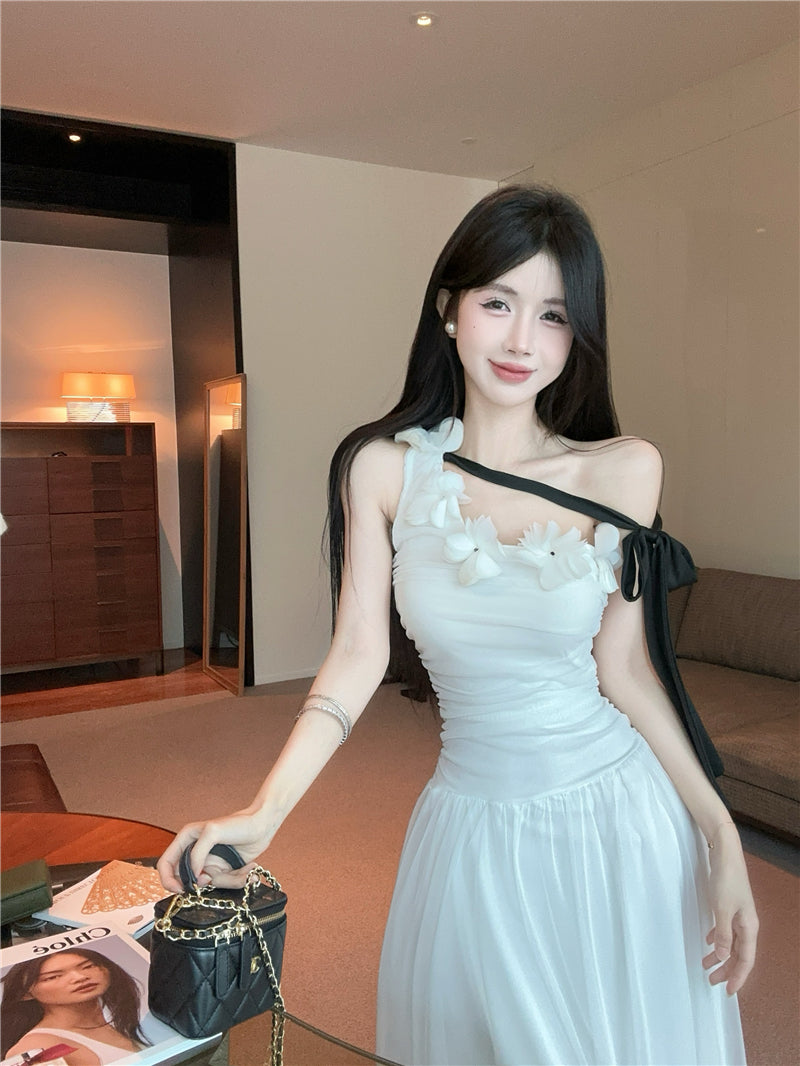Fashionable White One-Shoulder Black Bow Streamer Maxi Dress Vogue 3D Floral Trim Ruched Bodice Long Dress AP2033