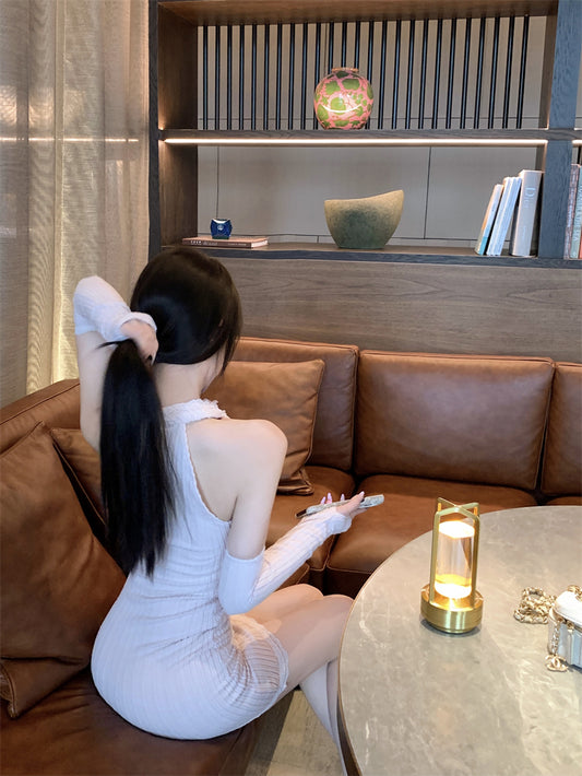 Retro Blush Pink Knit Mini Skirt Charming Cutout Detail Lace Trim Detachable Sleeve Halter Short Dress AP2034