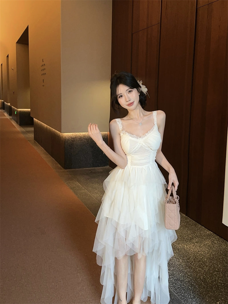 Cute White Spaghetti Strap Lace Trim Maxi Dress Romantic Layered Asymmetric Tulle Long Dress AP2041