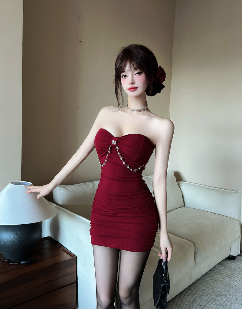 Graceful Bodycon Red Strapless Mini Skirt Sexy Rhinestone Button Chain Accent Short Dress AP2048