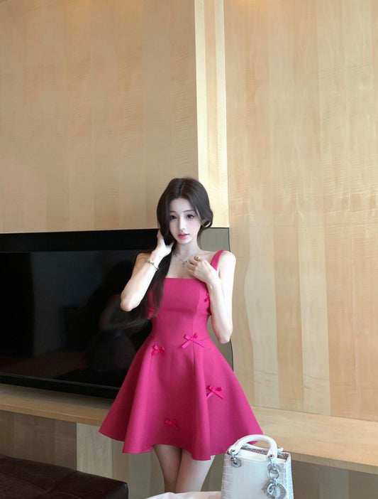 Vibrant Hot Pink Square Neck Flared Mini Dress Hot Girls Bow Accents for Date Nights Short Dress AP2052