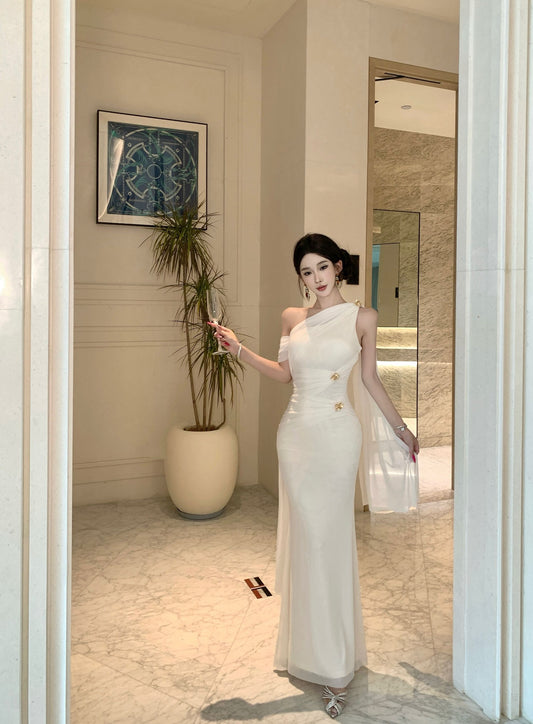 Elegant Satin Texture Drape Sleeves Gold Accents Maxi Dress Gorgeous White One-Shoulder Mermaid Hem Long Dress AP2053