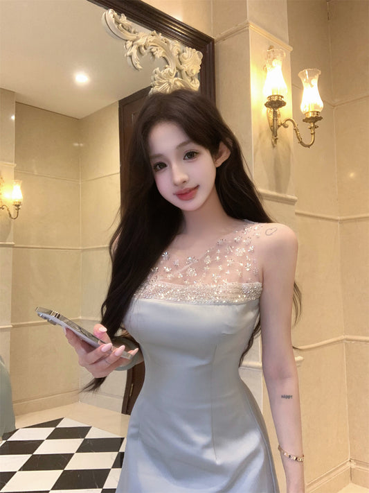 Charming Floral Embroidery Light Green Satin Mini Skirt Casual Rhinestone Neckline Sheer Mesh Trimmed Short Dress AP2054