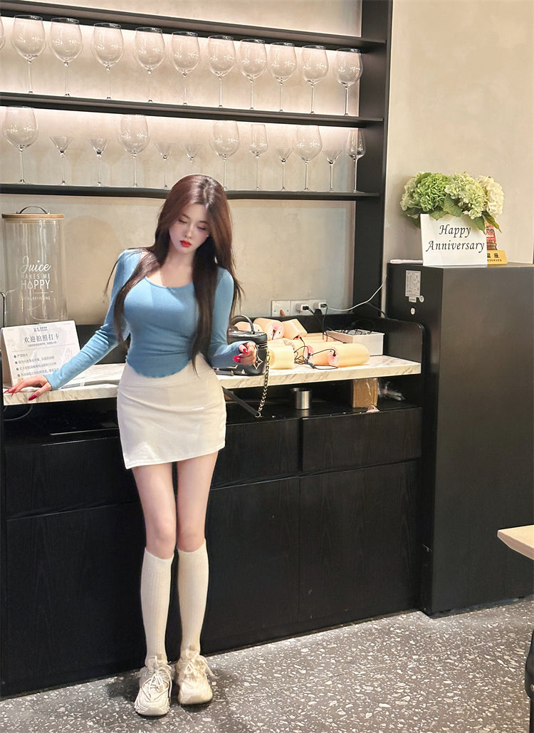 Stylish Blue Top White High-Waisted Mini Skirt Casual Daily Two-Piece Set Long Sleeve Short Dress AP2062