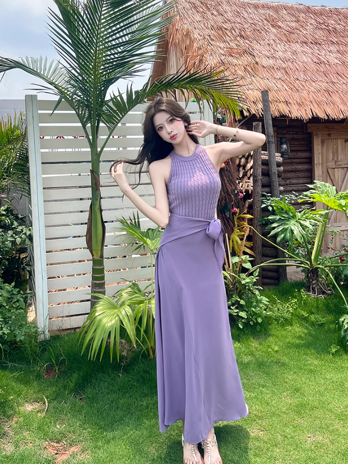Romantic Lavender Sleeveless Knit Top Flowy Maxi Dress Beach Parties Bow Tie Waist Two-Piece Set Long Dress AP2063