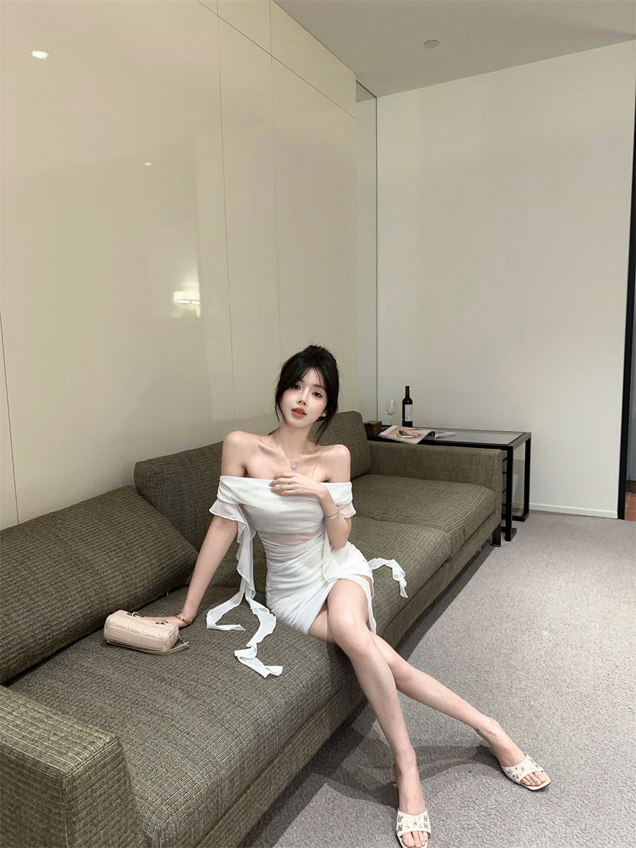 Alluring White Off-Shoulder Sheer Tulle Overlay Mini Skirt Vogue Ruffled Streamer Accents Ruched Short Dress AP2066