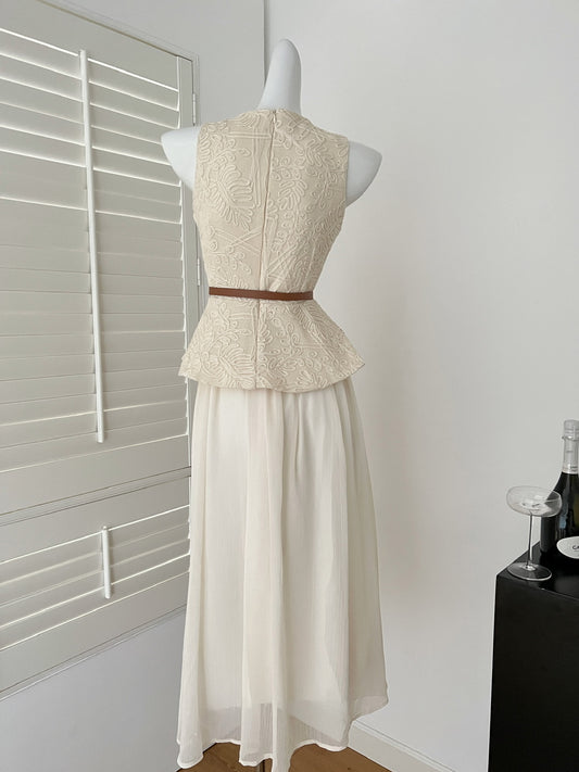 Romantic Cream Two-Piece Set Sleeveless Embroidered Peplum Top & Tulle Midi Skirt With Belt AP2069
