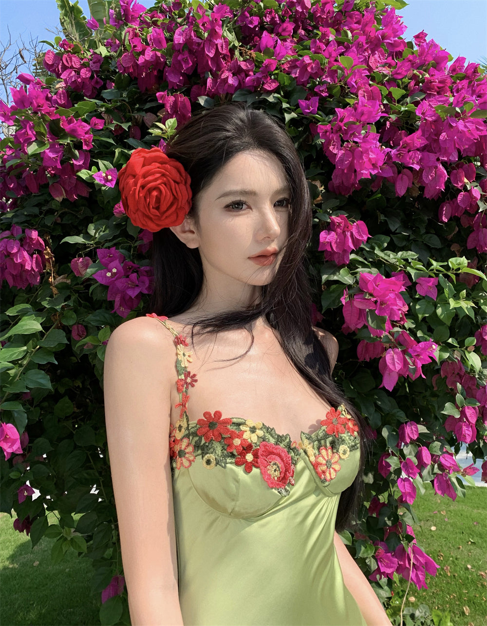 Vibrant Pale Green Satin Bodycon Maxi Dress French Style Spaghetti Straps Floral Embroidery Long Dress AP2071