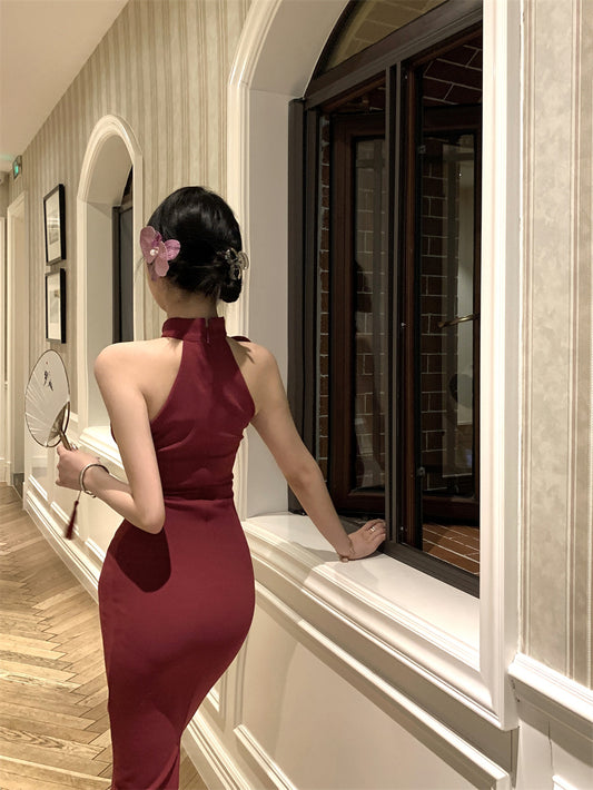 Elegant 3D Floral Embellishment Red Bodycon Maxi Dress Vintage Sleeveless Cutout Asymmetric Neckline Halter Long Dress AP2072