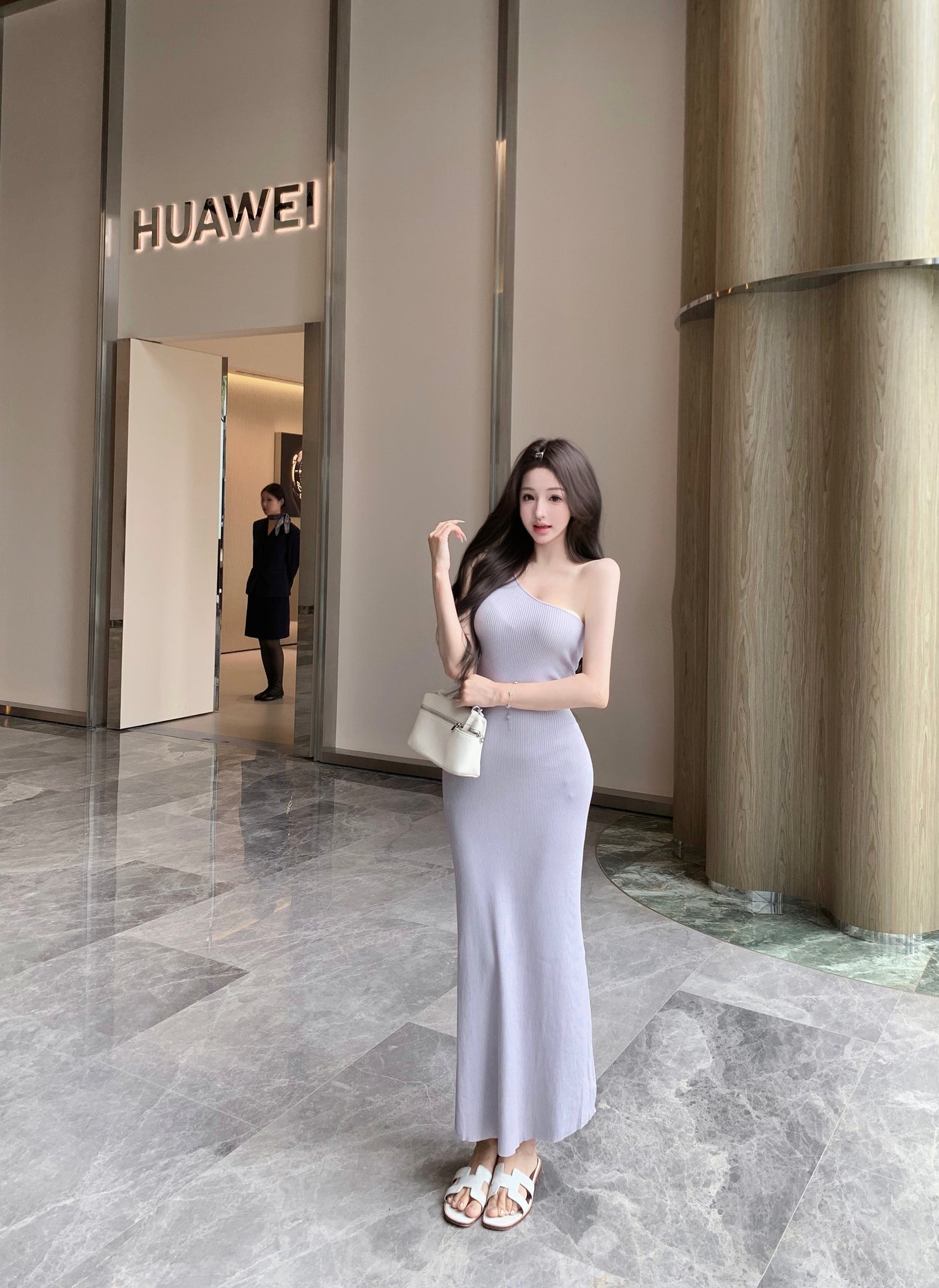 Trendy Light Purple One-Shoulder Maxi Dress Charming Ribbed Knit Casual Wear Long Dress AP2073