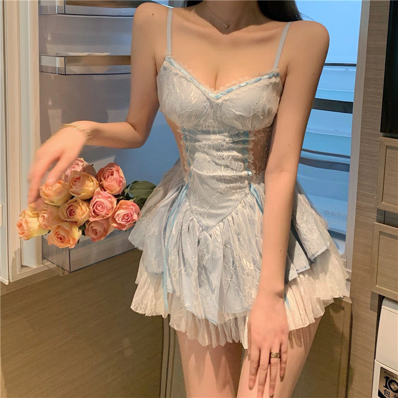 Dreamy Light Blue Lace Trimmed Cutout Waist Mini Dress Cute Evening Parties Spaghetti Strap Tiered Ruffle Hem Short Dress AP2076
