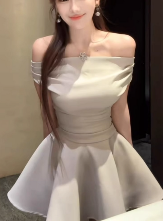 French Style Off-Shoulder Social Events Mini Skirt Alluring A-Line Cinched-Waist Flared Short Dress AP2078