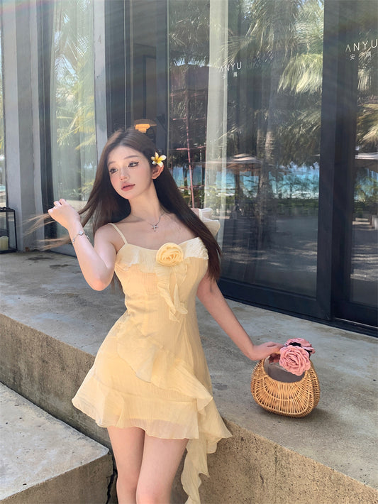 Ethereal Light Yellow Asymmetric Spaghetti Strap Mini Dress Cute 3D Floral Accent Ruffles Hem Short Dress AP2080