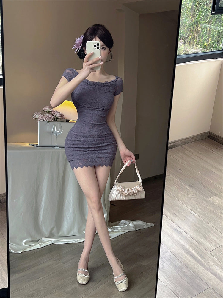 Elegant Lavender Off-Shoulder Short Sleeve Mini Skirt Sexy Night Clubs Bodycon Lace Trimmed Short Dress AP2082