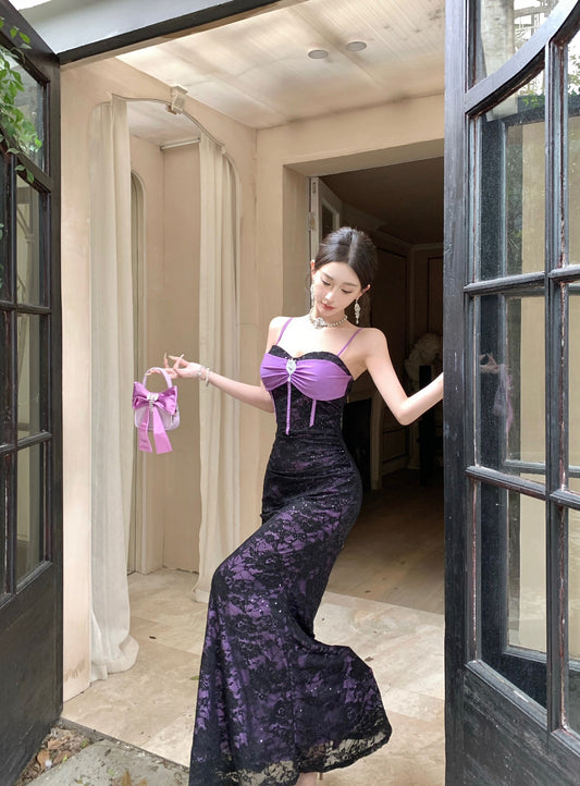 French Style Sheer Black Lace Overlay Sequins Design Maxi Dress Chic Purple Satin Bow Spaghetti Straps Mermaid Long Dress AP2085
