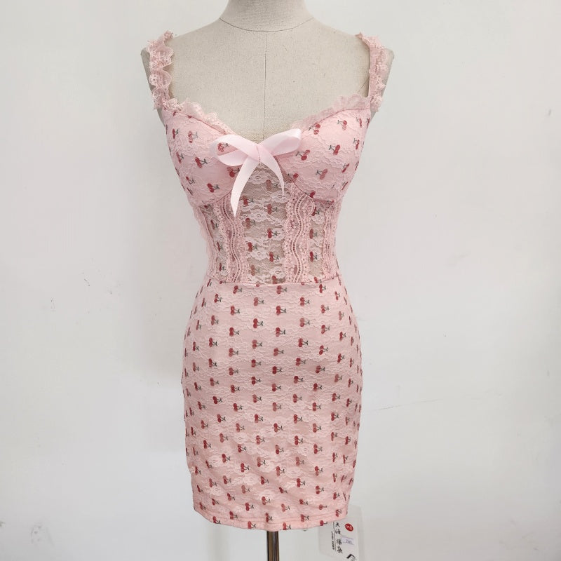 Cute Girls Ruffles Trim Floral Print Sheer Lace Waist Mini Dress Spaghetti Straps Ribbon Bow Design Daily Wear Short Dress AP2087