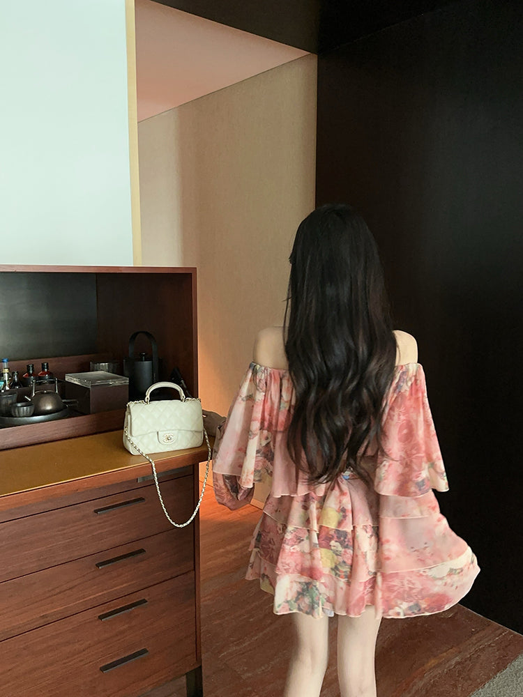 Charming Pink Floral Print Long Bell Sleeve Flowy Mini Skirt Casual Daily Two-Piece Set Off-Shoulder Ruffles Trimmed Hem Short Dress AP2096