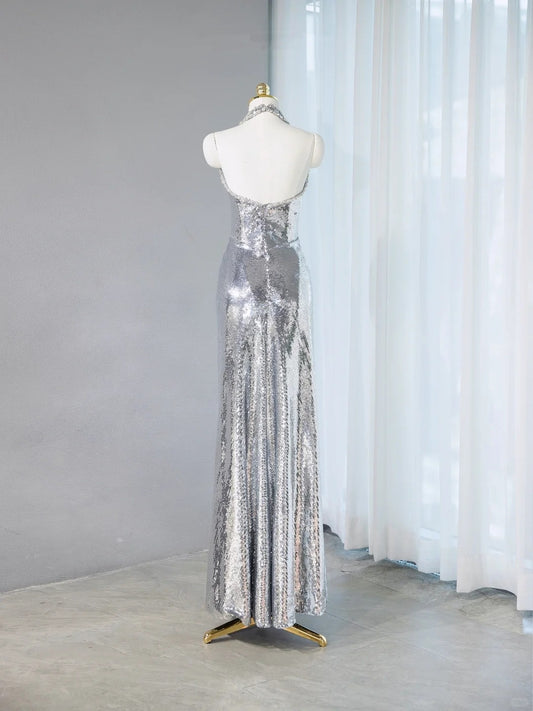 Exquisite Silver Sequin Plunging V-Neck Maxi Dress Evening Galas Beaded Trim Ruched Waist Prom Dress AP2098